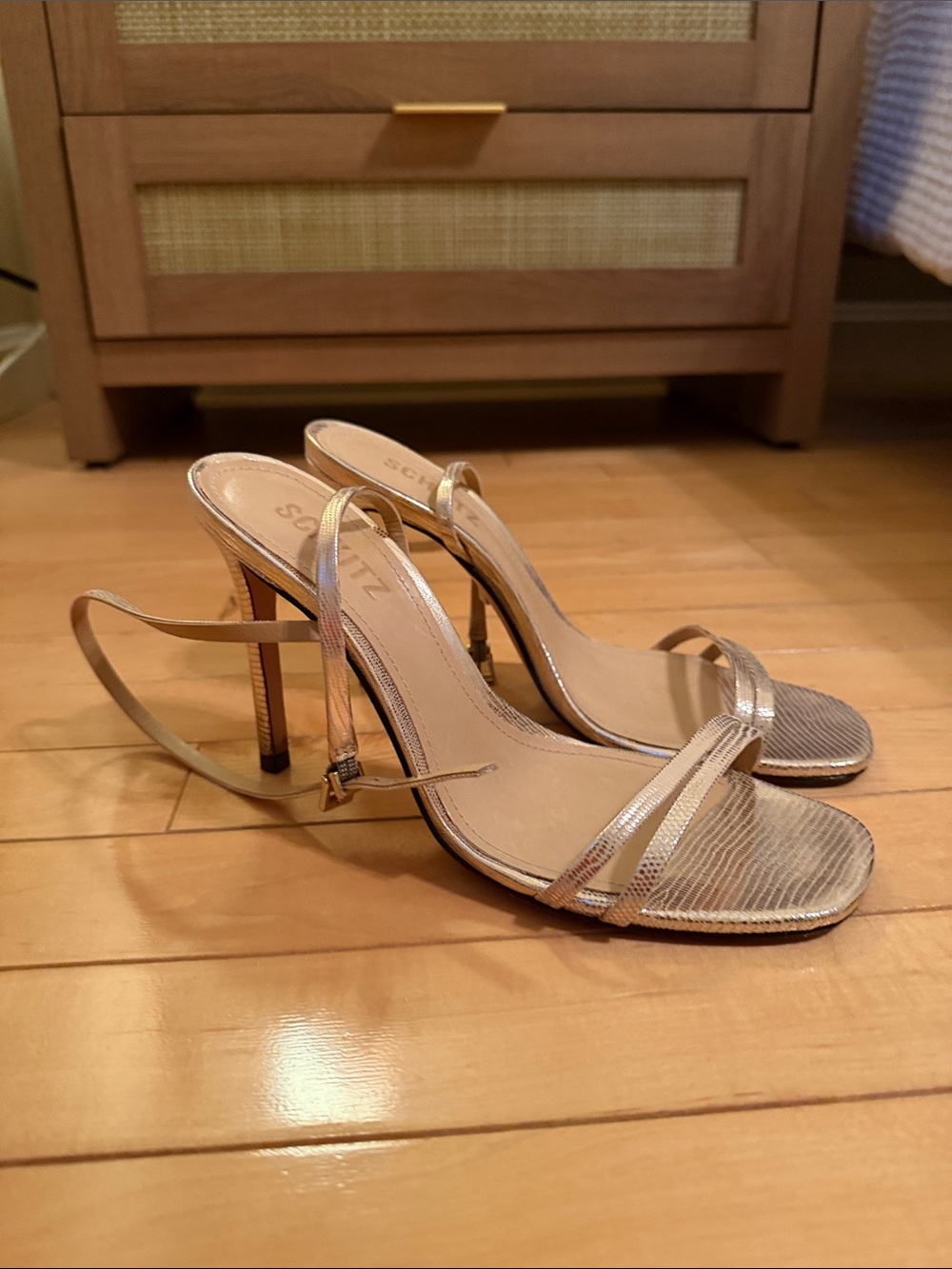 SCHUTZ Metallic Gold Strappy Sandals with Ankle Tie - Picture 2 of 4